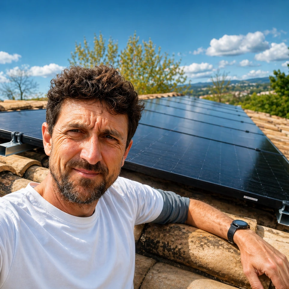Grégory Vierne sur un toit équipé de panneaux photovoltaïques